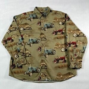 Bit & Bridle Tractor Print Shirt Men XL Long Sleeve Green Farm Ranch Country AOP